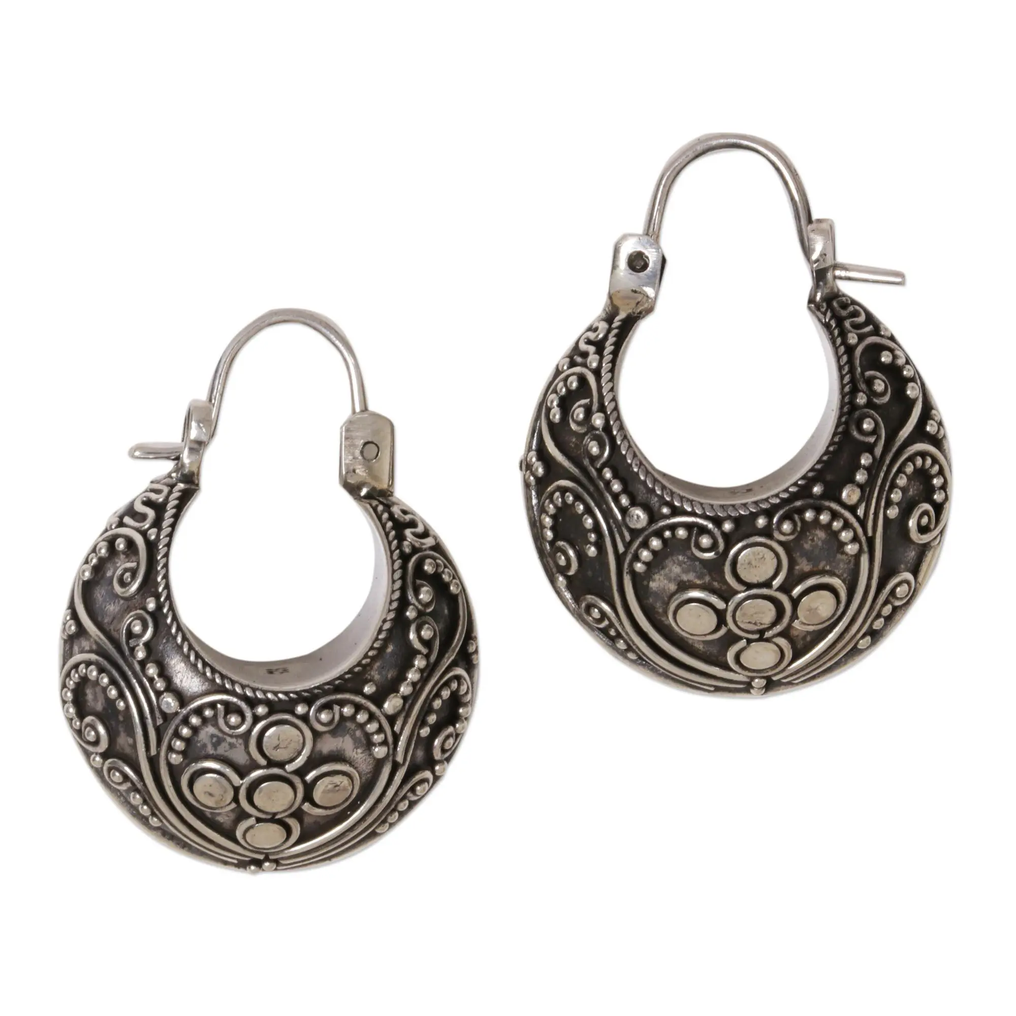 Novica Artisan Handmade .925 Sterling Silver Hoop Earrings Floral Indonesia 'Bali Paradise'