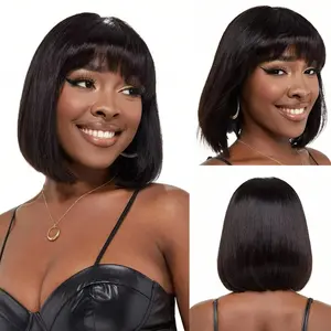 Short Bob Wig with Bangs 10 Inch Brazilian Straight Hair None Lace Front Bob Wig Human Hair Wigs for Black Women Human Hair Glueless Wear and Go Natural Black Wig