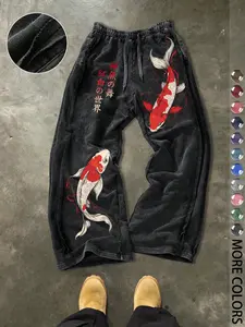 Men's Casual Cotton Sports Pants, Koi Print, Street Style, Drawstring Waist, Ankle Length, All Seasons, Perfect for Gifts
