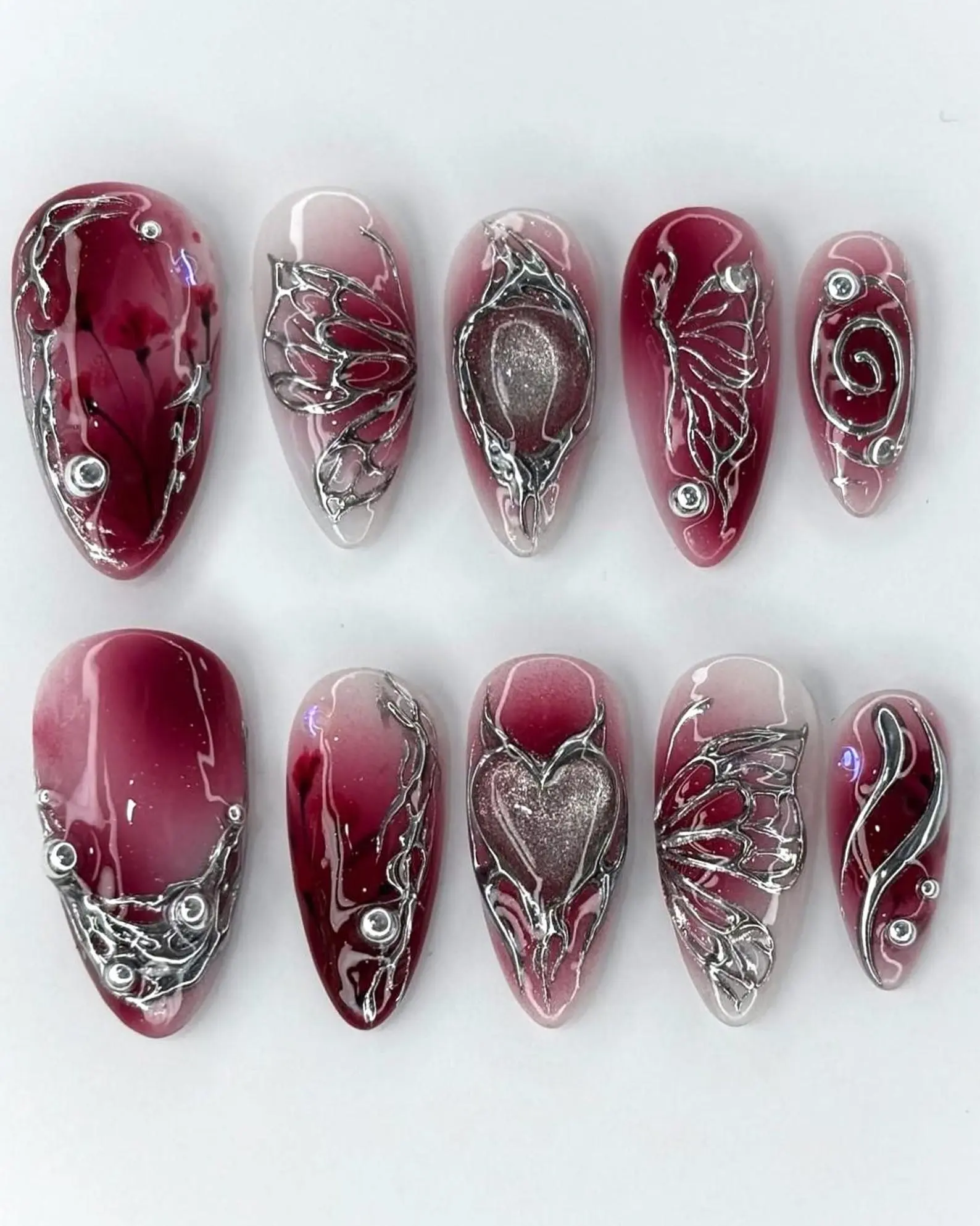 Red Gothic Butterfly Press On Nails – Metallic Heart Nail Art with Wine Ombre Chrome & Sculpted Silver Designs