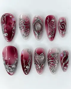 Red Gothic Butterfly Press On Nails – Metallic Heart Nail Art with Wine Ombre Chrome & Sculpted Silver Designs