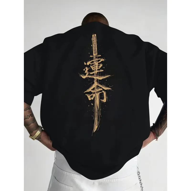 Unisex Casual Short-Sleeve T-Shirt with Gold-Print Japanese Samurai Knife Back Design, Dark Ukiyo-E High-Street Loose Sports Top for Summer Streetwear Fashion, Tshirt
