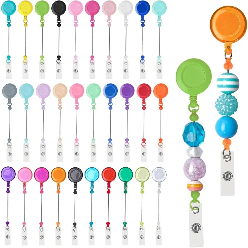 30 Pcs Beadable DIY Badge Holder Set Heavy Duty Retractable Keychain Badge Reel Clips ID Name Badge Clip with Belt Clip Blank Jewelry DIY Gift for Office Worker Doctor Nurse Employee Supplies
