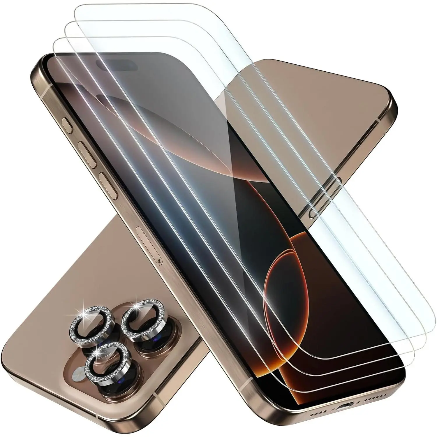 3 Pack for iPhone 16 Pro Max Screen Protector 6.9" [9H Tempered Glass] [Bubble Free] [ Grade Protection] & 1 Set of Glitter Camera Lens Protector - Silver