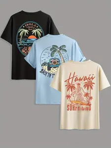 Unisex Hawaiian Vacation Coconut Tree Beach Print Short Sleeve T-Shirt, Vintage Casual Breathable Round Neck Half Sleeve Top