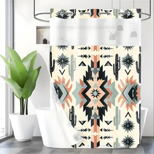 LVRLVR 1pc Boho Navajo Retro Western Desert Geometric Ethnic Cactus Pattern Polyester Double Layer Lined Shower Curtain 70.874 Inches/180188cm