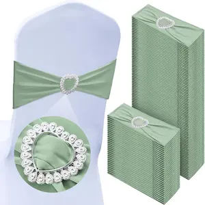 100 count Spandex Chair Sashes with Heart Shaped Buckle Slider Stretch Chair Cover Band Universal Elastic Ties for Wedding Banquet Event Party Decoration(Sage Green)