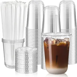 100 Pack 16 oz Clear Plastic Cups with Lids and Straws, Disposable Iced Coffee Cups To Go, Smoothie Juice Milkshake Cups, Party Supplies, Mother’s Day Gift, Father’s Day Gift