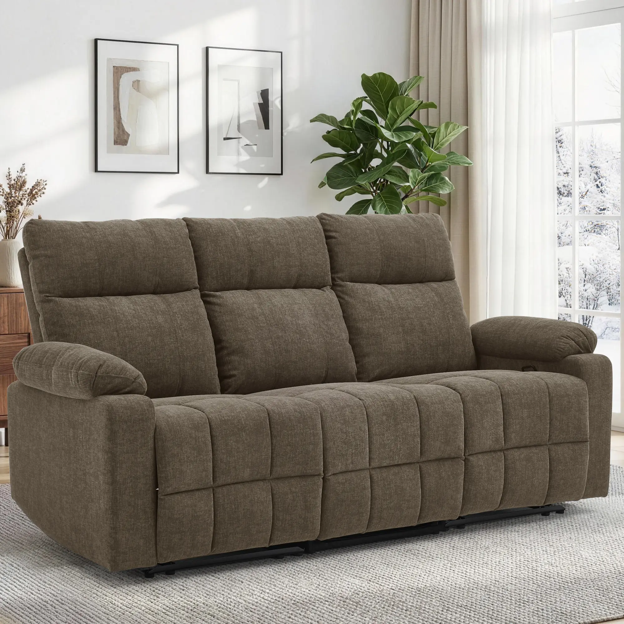 Korser 3-Seater Manual Recliner Sofa with Cup Holders & Recessed Power Strip Reclining Couch with Pull-Down Table for Living Room Comfortable Soft Fabric High-Quality Sponge