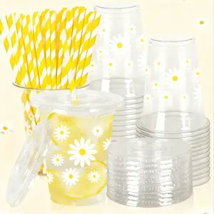 Daisy Theme Party Cups Set, 12oz Disposable Plastic Decorative Cups with Lids & Striped Straws, Perfect for Picnics, Weddings, Parties, Plastic Clear Cups