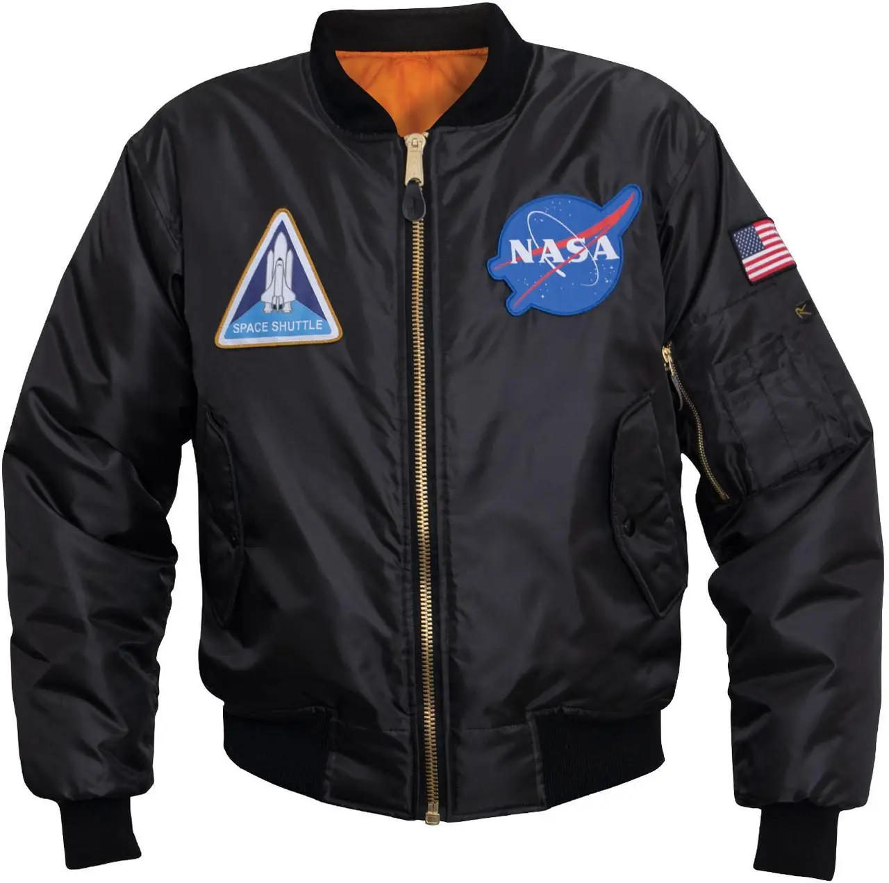 Menswear Black NASA Meatball MA1 Classic Flight Jacket - Shell, Knit Details, Space Shuttle Patches, Zippers Bomber Coat, Ribbed, Casual, Nylon, Pocket, Polyester, Long Sleeve, Tops, Utility