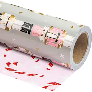 Reversible Christmas Wrapping Paper - Mini Roll - 17 Inch X 33 Feet - Nutcracker and Candy Cane Printed on Pearlized Paper for Chrsitmas, Holiday, Party Celebration