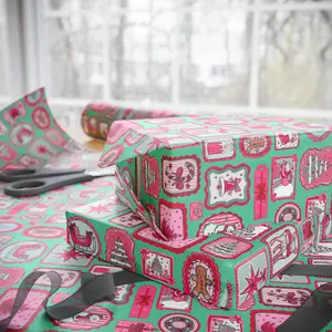 Wrapping Papers - Pink and Green Christmas Gift Wrap,  Festive Hand Drawn, Childrens Holiday Cute Bright Wrapping Paper,