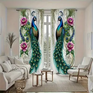 2-piece set of beautiful peacock flower printed curtains, made of semi transparent polyester fiber material and designed with pole pockets, suitable for bedroom, living room, dining room decoration, and year-round room decoration