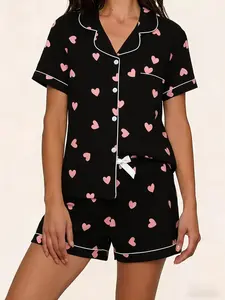 Bottom Heart Print Lapel Short Sleeve Shorts Pajama Set Women, Trim Design, Casual Fitted Sleepwear Loungewear for All Seasons
