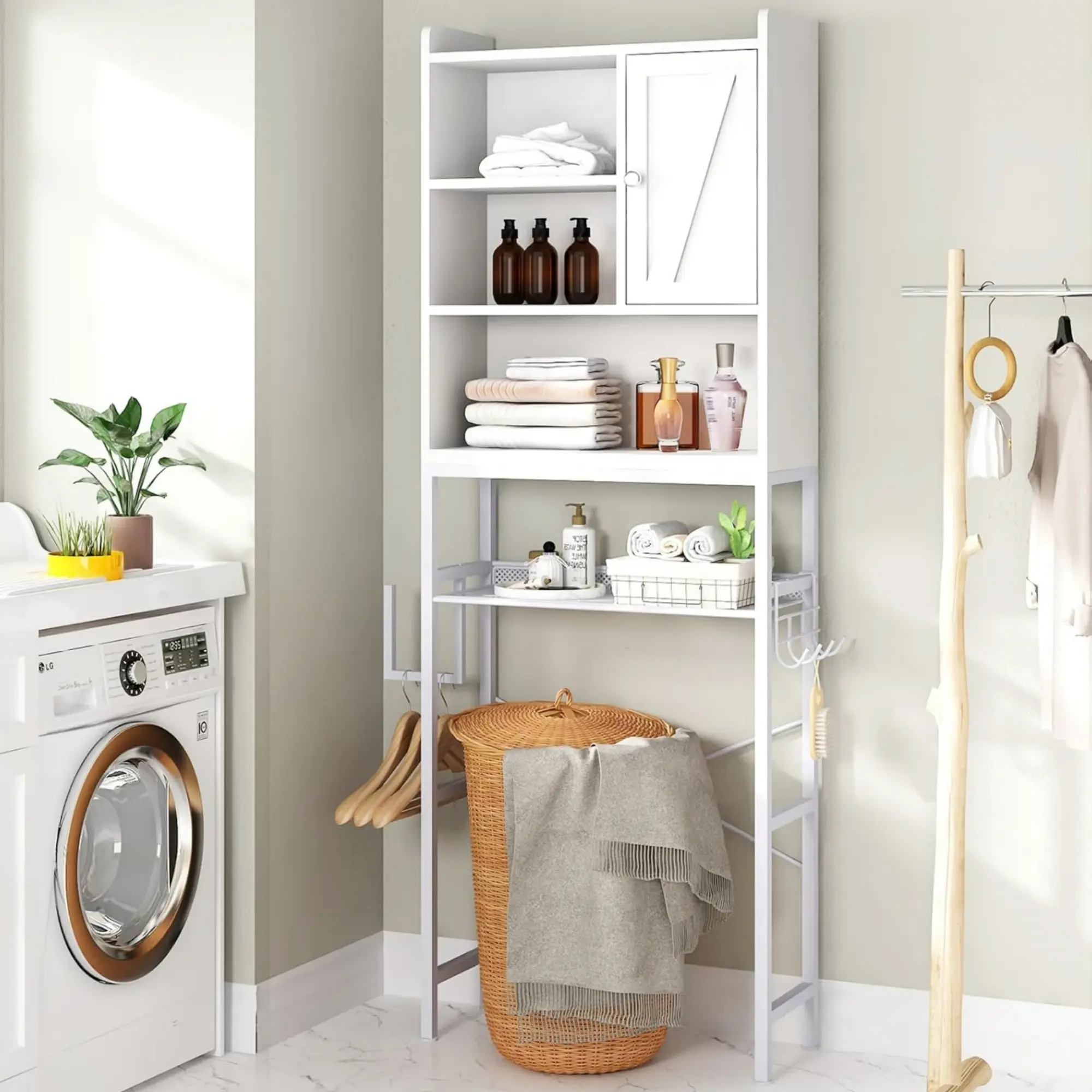 DKLGG Over The Toilet Storage Cabinet, Bathroom Toilet Rack with Barn Door, Freestanding Bathroom Organizer Over Toilet with Adjustable Shelf, Paper Hook, Space Saver Toilet Stands, Retro Brown