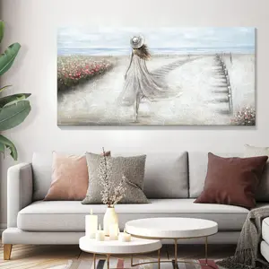 Large Framed Canvas Wall Art - Modern AbstractSeascape with Elegant Woman in White, Serene Beach Theme, Ready toHang - Perfect for Living Room, Bedroom, or Home Office Decor IndooWall Canvas | Elegant Wall Painting | Artistic Wall Piece