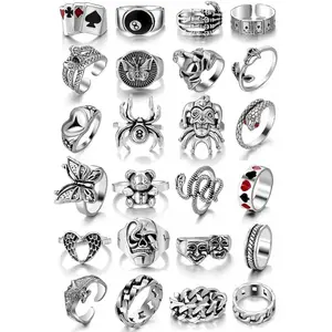 Cool Rings Set for Women, Vintage Silver Punk Rings Bulk, Gothic Chunky Knuckle Emo Stackable Finger Ring Pack Western Jewelry Gift for Her