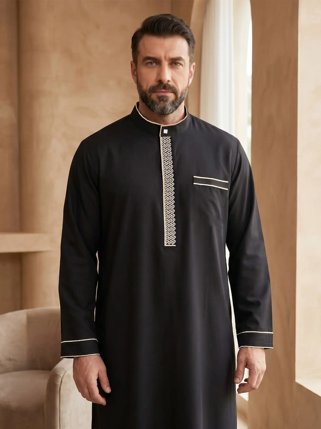 Islamic Traditional Men's Long Robe, Islamic Thobe, Modest Muslim Thobe, Modesty Thobe, Saudi Thobe, Arabic Thobe, for Men, Blue Stand Collar Geometric Embroidery, Loose-Fit, All Seasons, Gift Idea