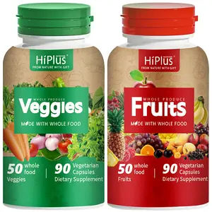HiPlus 100%Whole Fruit and Vegetable Ingredients Organic  - for Women, Men, and Kids -Non-GMO, Gluten-Free 90 Fruit Capsules, 90 Veggie Capsules - 1 Set Softgels Energy Supplement complex