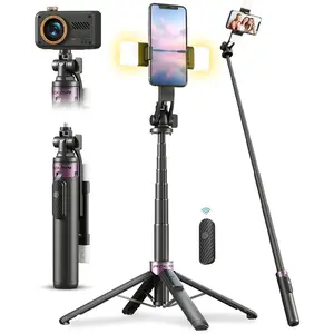 53'' Selfie Stick Tripod with Light, Enhanced 4-Leg Tripod For Cell Phone,Camera with Rechargeable Wireless Remote & 2 Fill Light, Portable Selfie Stick Travel Essentials For iPhone,Android