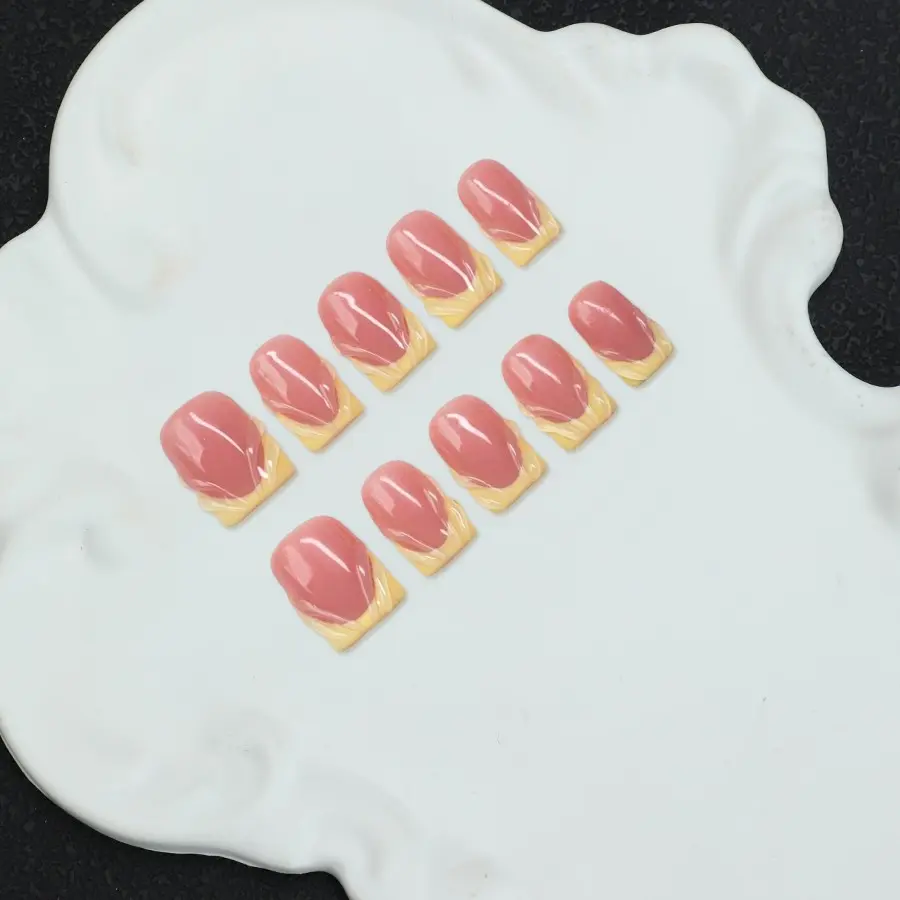 10pcs Square Shaped Handmade Nail Tips, Nail Extension, Acrylic Nail Extensions, Y2K Baddie Style, Nude & Yellow Color With French Tip Design, Suitable For Women & Girls, Includes Tools, Nail Supplies Handmade Press On Acrylic Nails Nail Tips Set