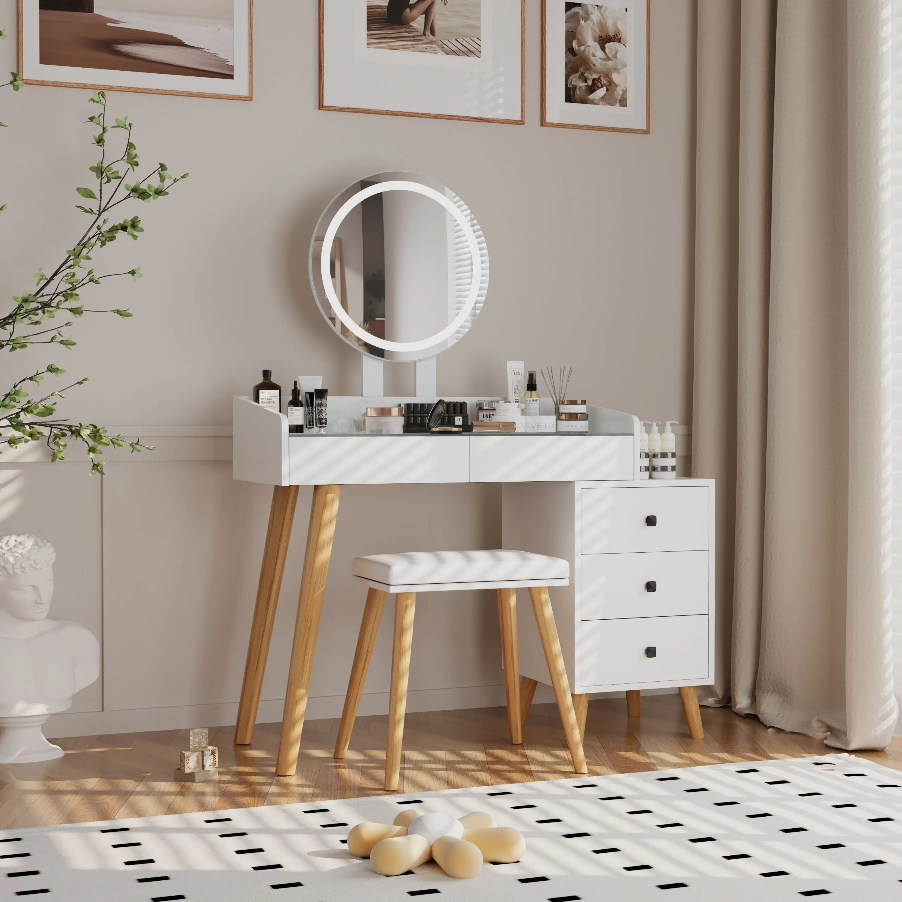Dufominc Modern LED Mirror Vanity Table with Stool, 5-Drawer Storage, Extendable Glass Top Indoor Dressing Table for Home Bedroom, 5 Drawers