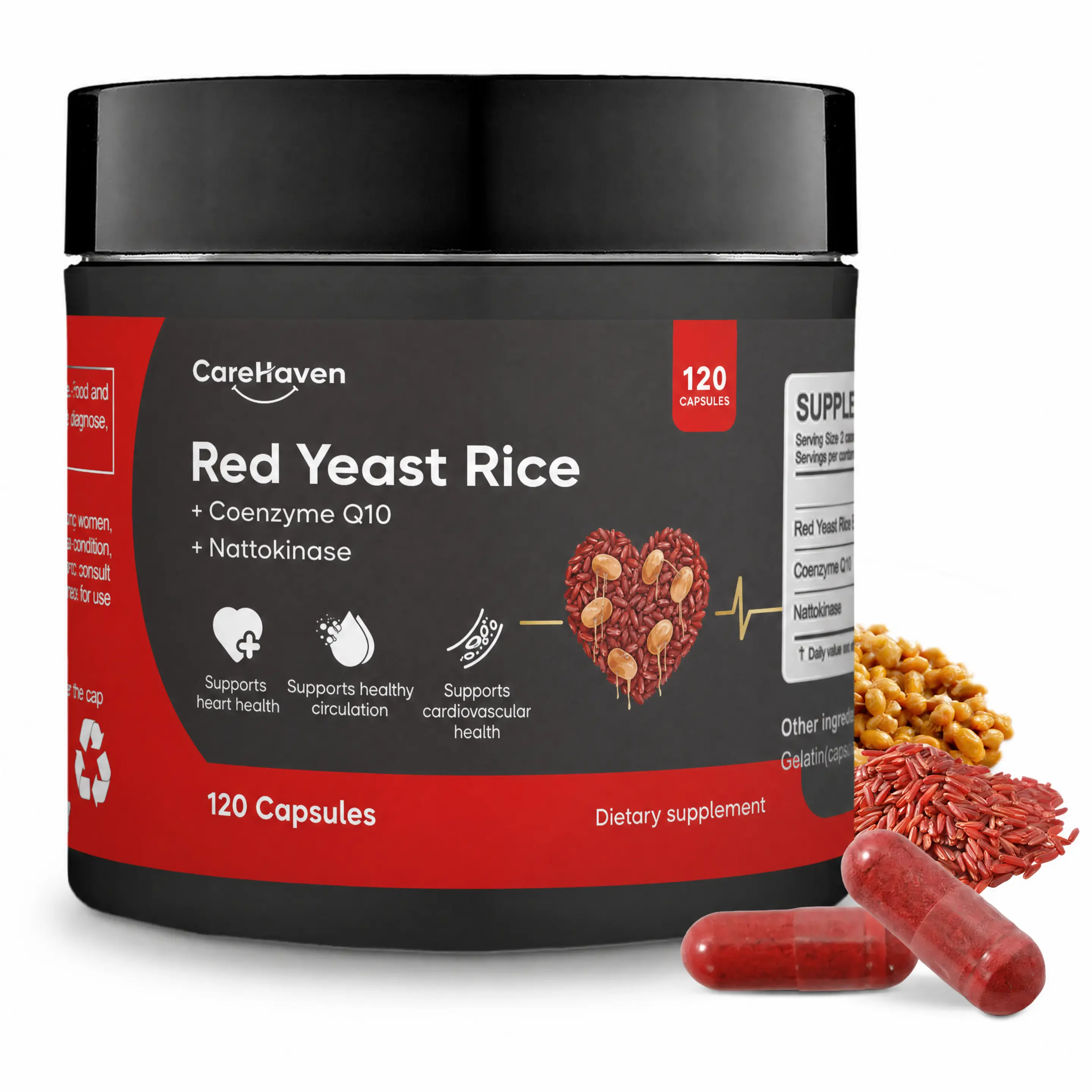CareHaven Red Yeast Rice Supplement with Nattokinase & CoQ10 - 120 Citrinin-Free Natural Capsules, Long Lasting Cholesterol Aid, Heart Health Support for Adults, Prop 65 Safe Daily Nutrition Fitness Healthcare Option