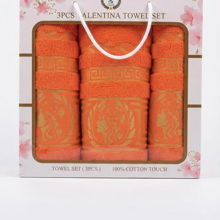 Valentina Towel Set 3PCS 100% Cotton Touch Orange with Gold Embroidery for Bathroom Essentials