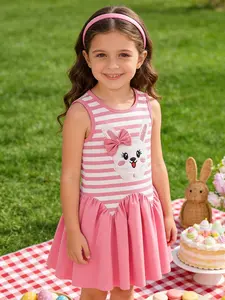 Adorable Cartoon Rabbit Print Bow Tie Sleeveless Tank Dress Girls' Striped Dress, Perfect for Birthday Parties, Outdoor Shopping, Easter Essentials