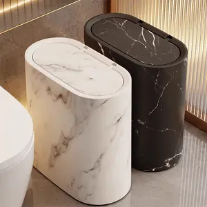 Compact 3.17-gallon marble and wood grain plastic trash can with lid, square odor-proof storage bin - suitable for bathrooms, kitchens, and living rooms, no electricity required, ideal for use in narrow spaces.