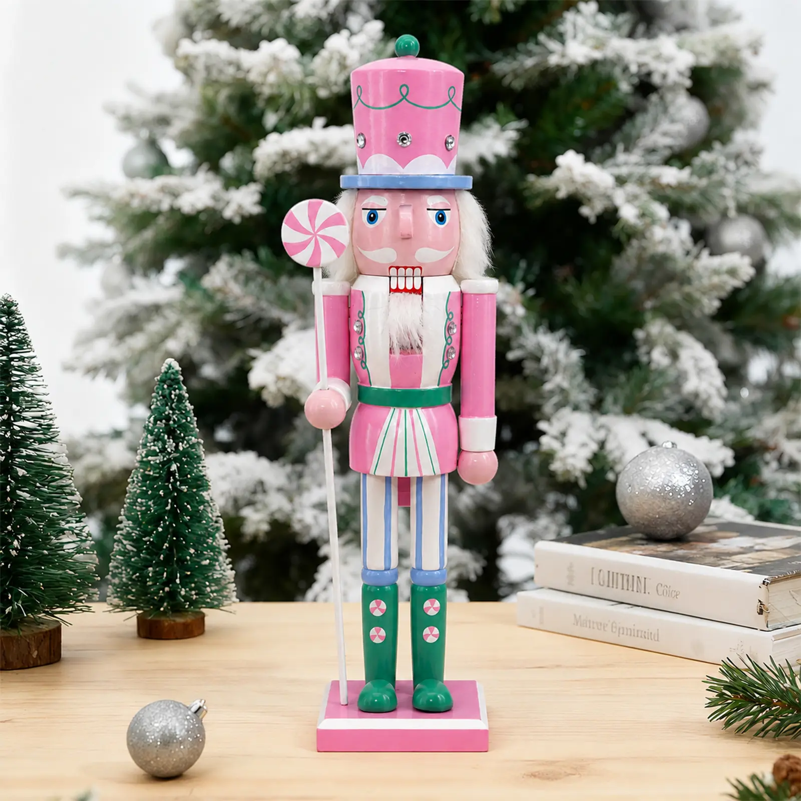 Tired of Boring Dark Christmas Decor? Pastel Pink Nutcracker Hand Painted Wooden Nutcracker | Cute Lollipop Design for Your Window Display