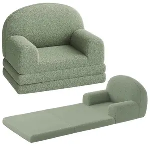 Kids Couch, 2-in-1 Comfy Toddler Couch Fold Out, Convertible Sofa to Lounger Foam Kids Chair with Soft Sherpa, Gift for Girls and Boys (Green Moon)