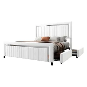 [MothersDayGift]VanAcc Upholstered Platform LED Bed Frame with 4 Storage Drawer, Adjustable Headboard with Vertical Channel, No Box Spring Needed/Christmas Gift#SummerVibes