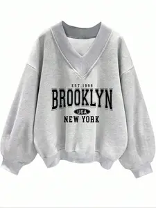 Women's Fall Winter Holiday V-Neck Long Sleeve Fitted Sweatshirt, Trendy Streetwear Casual Elegant Youthful Simple Campus Vintage Natural Versatile