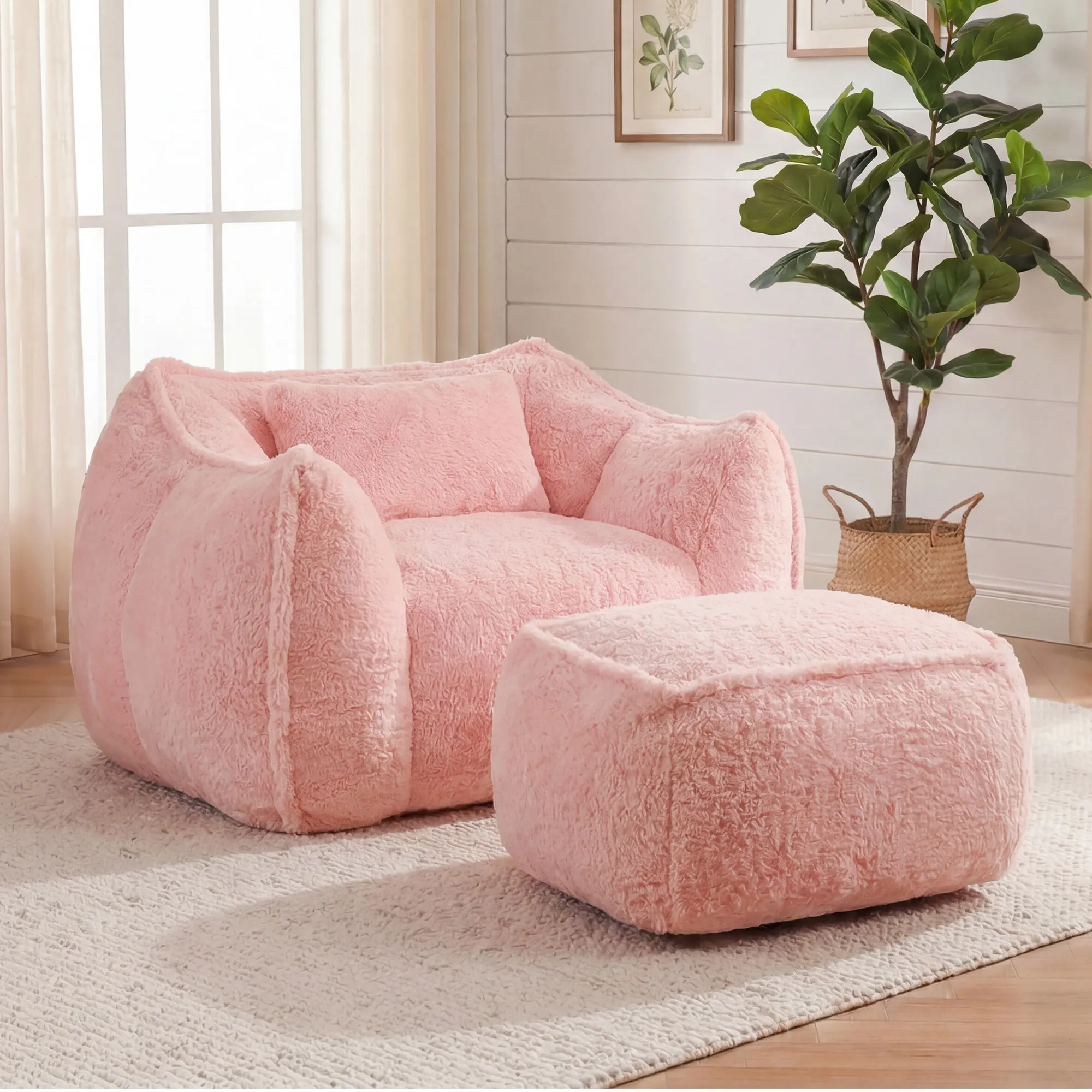 Giant Bean Bag Chair, with Footstool, Handles, and Pillows , ComfyLarge Beanbag Lounge, Fluffy Faux Rabbit Fur Floor Sofa forLiving Room Bedroom