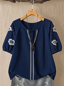 Elegant Plus Size Women's Shirt, Floral Embroidery Design, Casual Japanese Style Blouse, New Arrival Fashionable Top