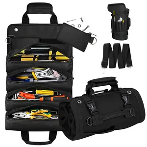 Tool Bag,Large Roll Up Tool Bag Organizer,Multifuctional 5 Pockets Tool Roll Storage Pouch,Heavy Duty Portable Tool Storage Carrier Bag for Men,Mechanic,Electrician & Hobbyist,Army Green