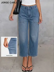 JORGE CARLI  Women's Slim-Fit Nine-Inch Jeans, High Elasticity Fabric, Casual Fashion, Four-Season Wear, Plain Pattern, Button Closure