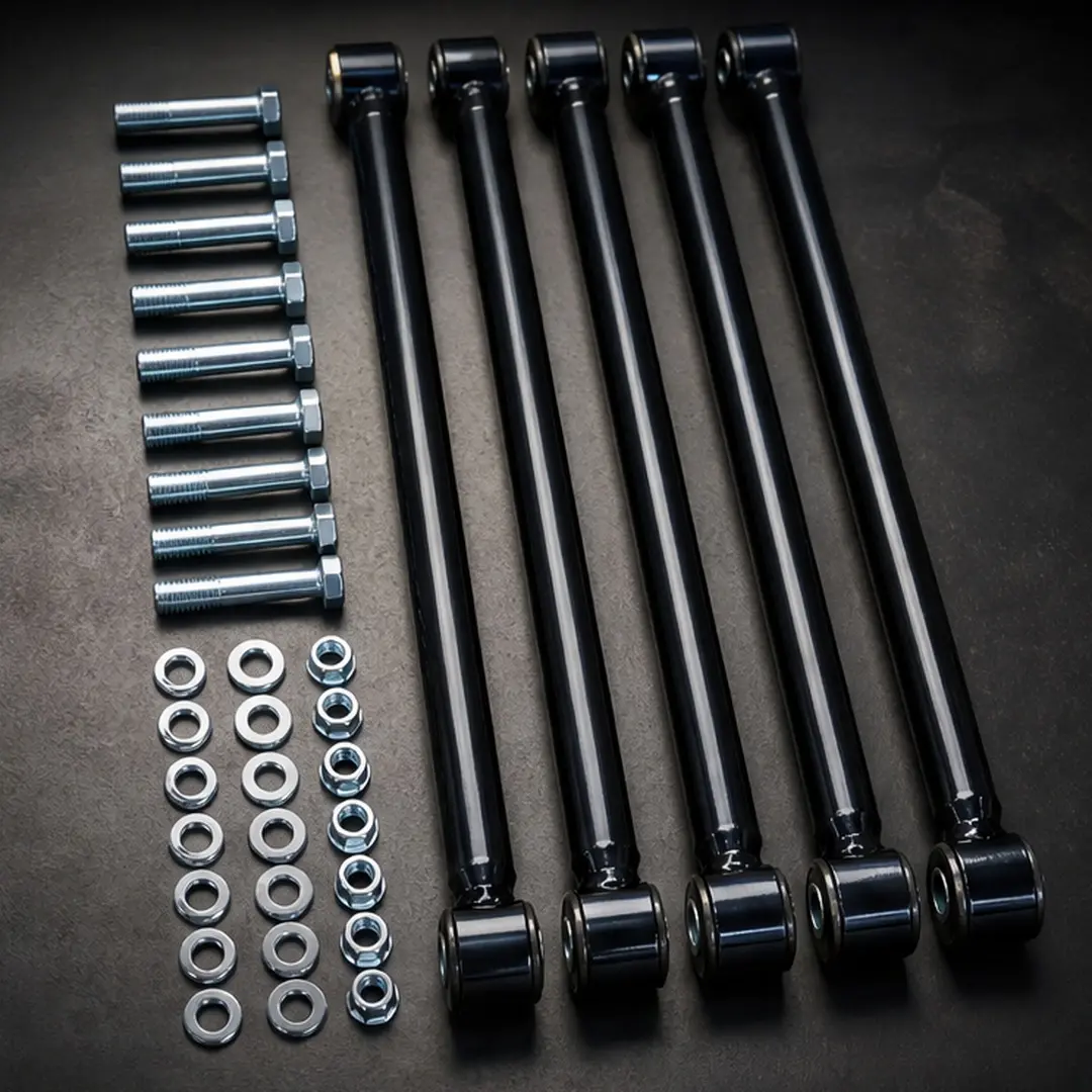 Universal Weld-On Rear 4 Link Suspension Kit with 24-Inch Heavy-Duty Steel Bars, Parallel 4-Link Layout for Rat Rods, Trucks, Classic Cars, Air Ride Systems, Black Plated Steel, Complete Bolt & Nut Set, Adjustable Rod Ends, Black Color Options