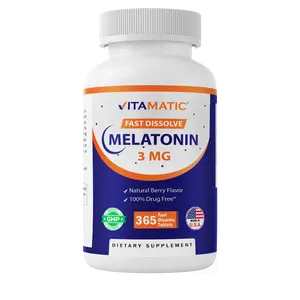 Vitamatic Melatonin 3mg Tablets | Vegetarian, Non-GMO, Gluten Free | 1 Year Supply | Natural Berry Flavor - 365 Tablets Healthcare Supplement Fitness Dietary