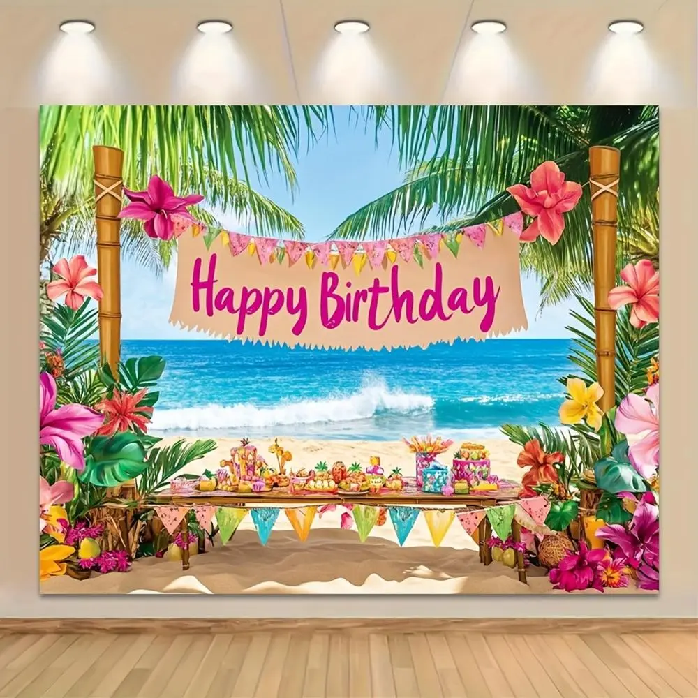 1pc Tropical Hawaiian Beach Birthday Party Polyester Backdrop Throw - Tropical Oasis, Vibrant Palm Trees, Colorful Flowers, Ocean View, "Happy Birthday" Banner, Perfect for Summer Celebrations, Photo Props