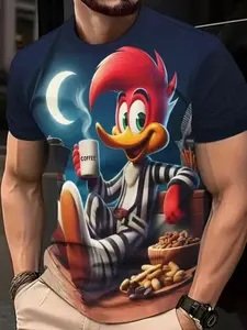 Men's 3D Print Casual Short Sleeve T-Shirt, Vibrant Cartoon Owl & Coffee Pattern, Breathable Round Neck, All Seasons Wear