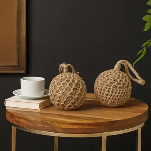 Set of 2 Knot Brown Cement Stone Handmade Woven Layered Orb Decorative Sculpture with Handles