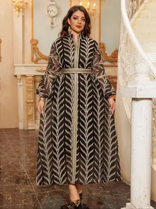 Dubai Mesh Embroidered Long Dress with Belt, Muslim Women's Ball Gown Jalabaya, Modest Loose-Fitting, Long Sleeve, All Seasons, Muslim Women Gowns
