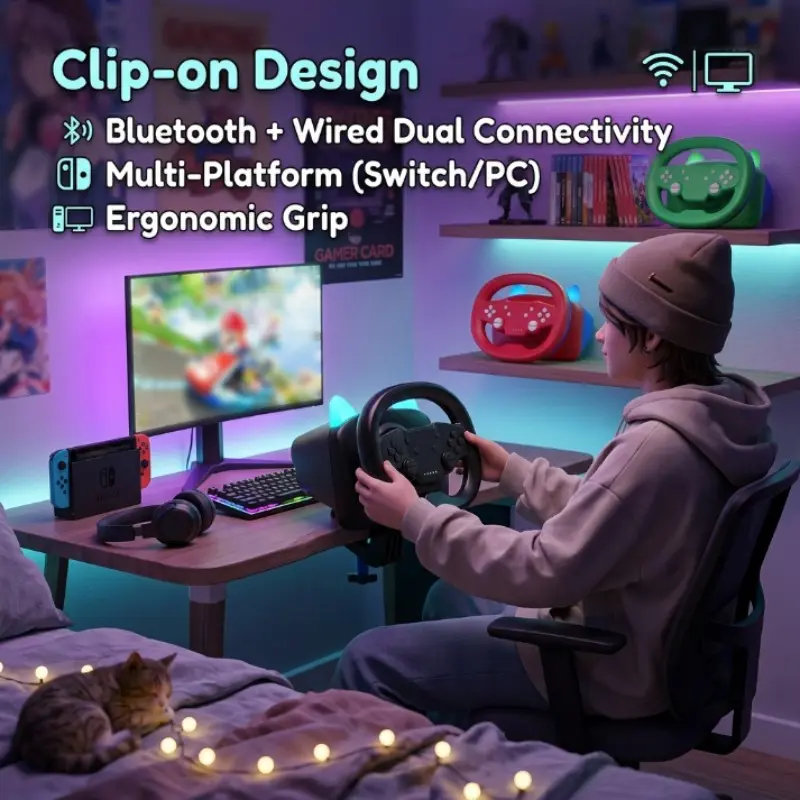 Cute Cat Ear Game Steering Wheel, Bluetooth-compatible Wired Dual Connection, Desk Mount Racing Controller, Multi Platform Gamepad, Gaming Controllers, Ideal for Kids, Parents, Home Gaming, Gaming Products