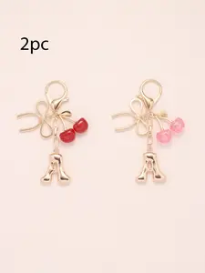 2pc Bubble Letter A-Z Keychains, Cute Initial Pendants, Metal Butterfly & Acrylic Cherry Decor, Personalized Bag Charms