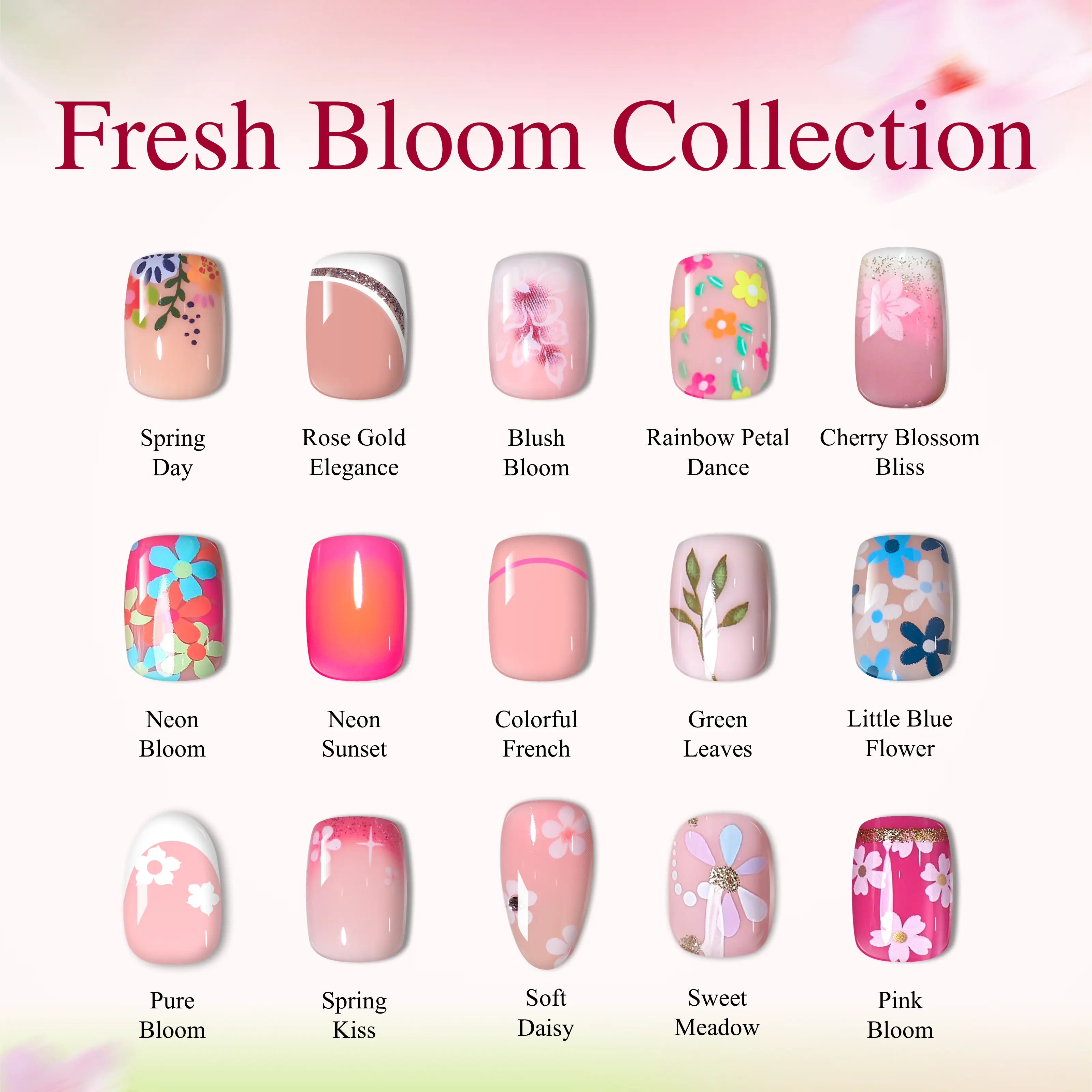 CurvLife Fresh Bloom Collection Press-On Nails –30Pcs | Nude Pink Floral Jelly Nails, Soft Glossy Shine, Reusable Minimal Nails for Everyday & Seasonal Wear