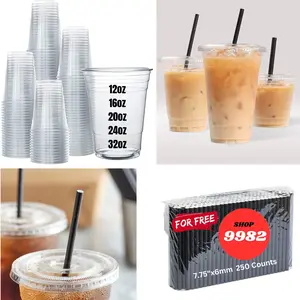 Unicup 100set [16oz] Clear Plastic Cups with Straw-Slot Lids PET Crystal Clear Disposable Cups with Lids - Durable Cup. BPA Free Gift Gift