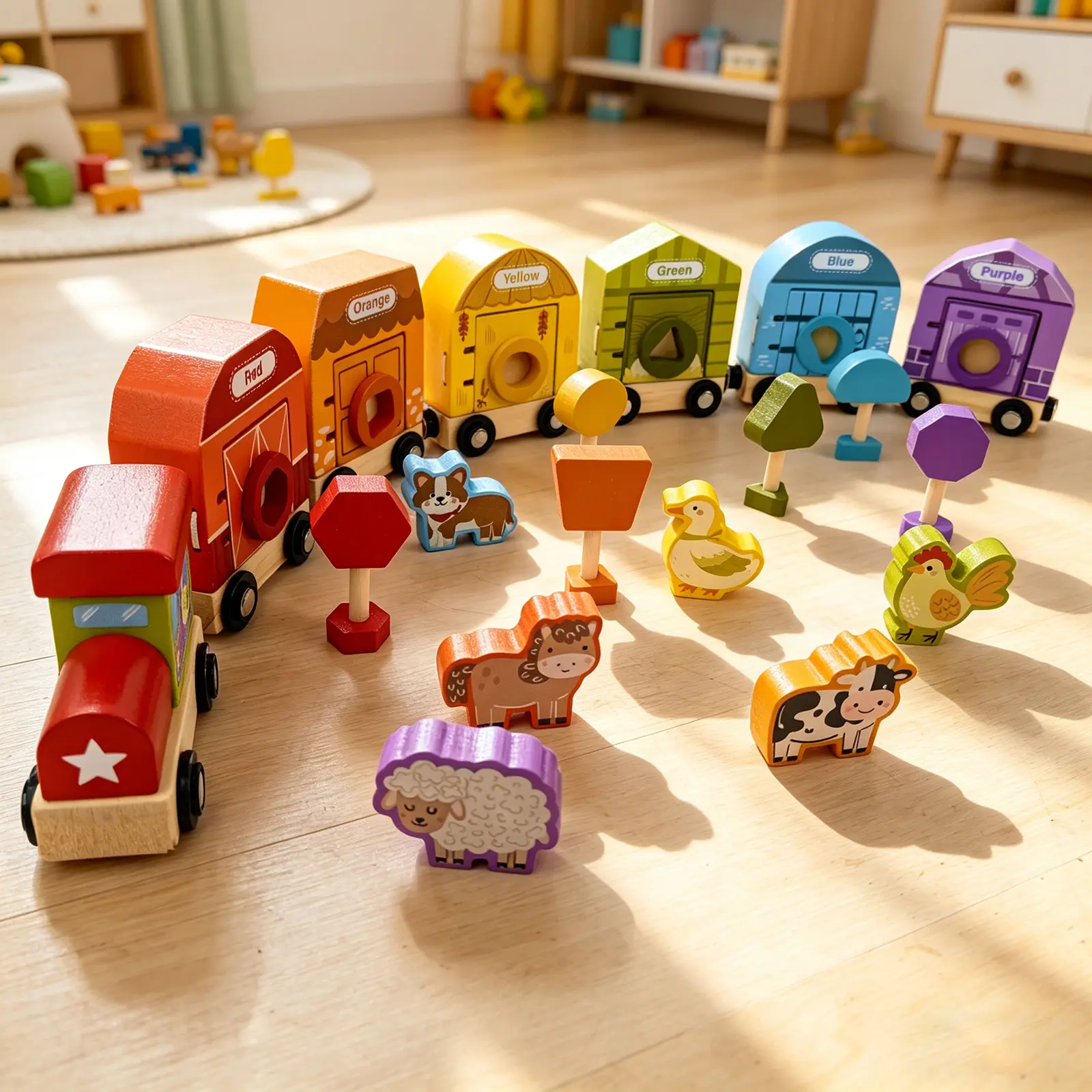 Montessori Wooden Farm Train Set, Magnetic Connecting Train with Farm Animals & Shape Keys, Color Shape Recognition Early Learning Toy for Kids Birthday Gift